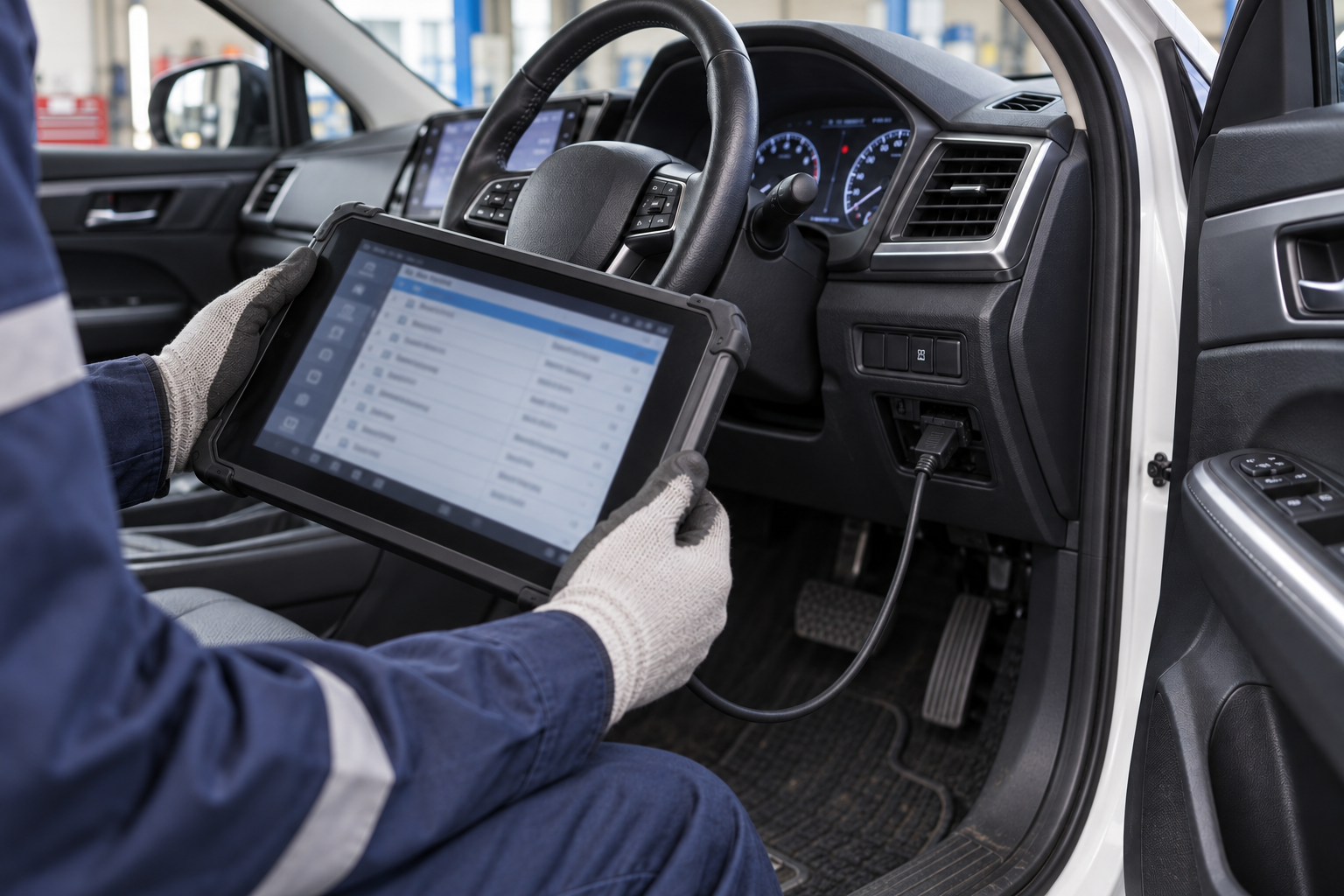 車両に診断機を接続して電子制御の状態を確認するイメージ